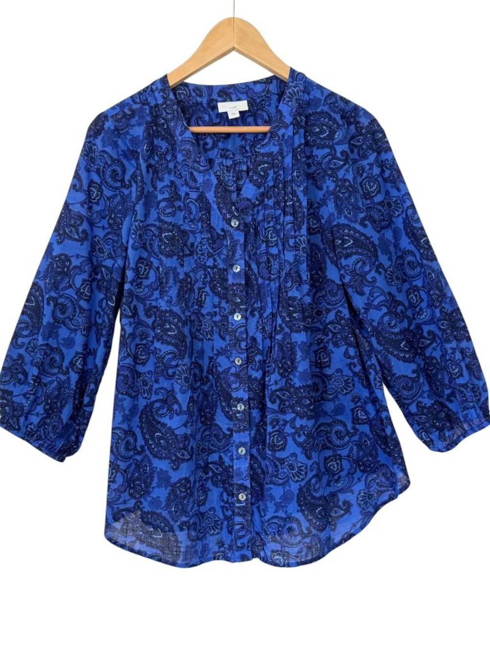 J.Jill 100% Cotton Pintuck Paisley V-Neck Boho Button-Front 3/4 Sleeve Blue Sz M